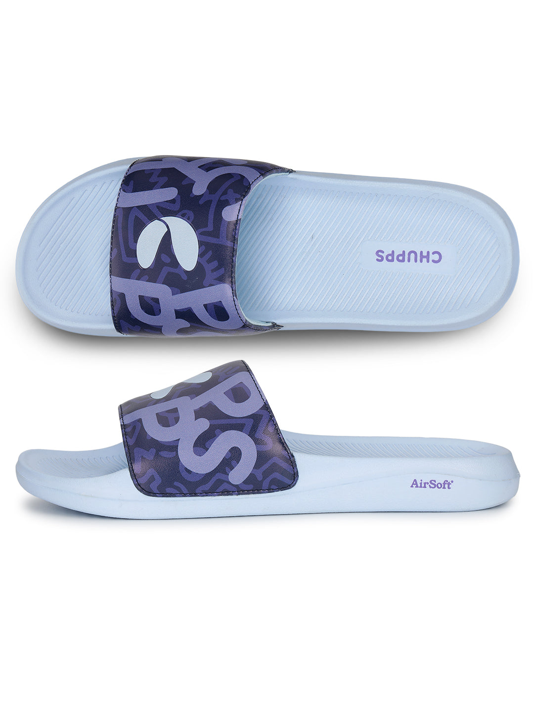 Pair of light blue slides with purple strap and &#39;CHUUPS&#39; branding on a white background
