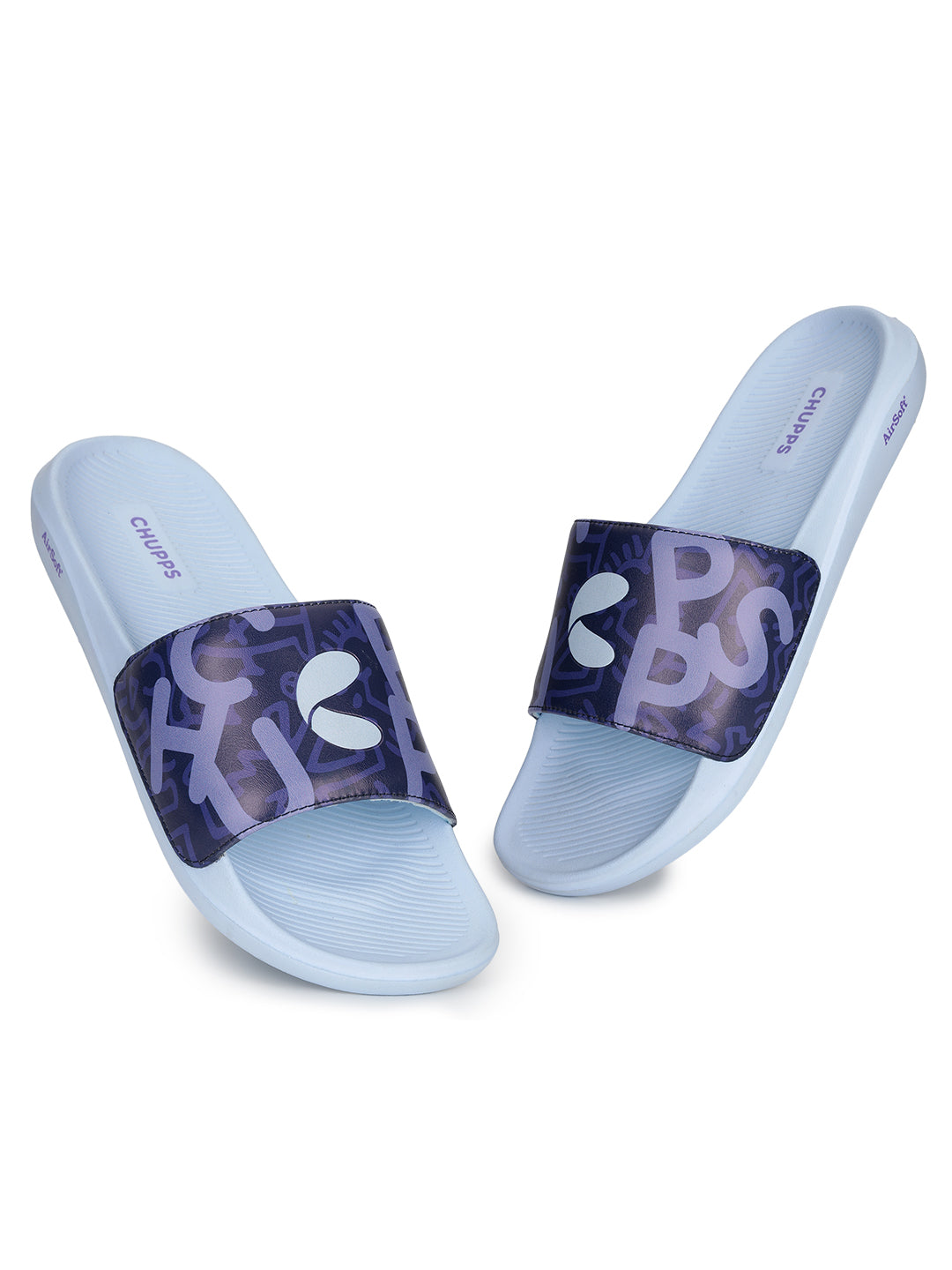 Modern men’s navy blue sliders with graphic upper and white background 
