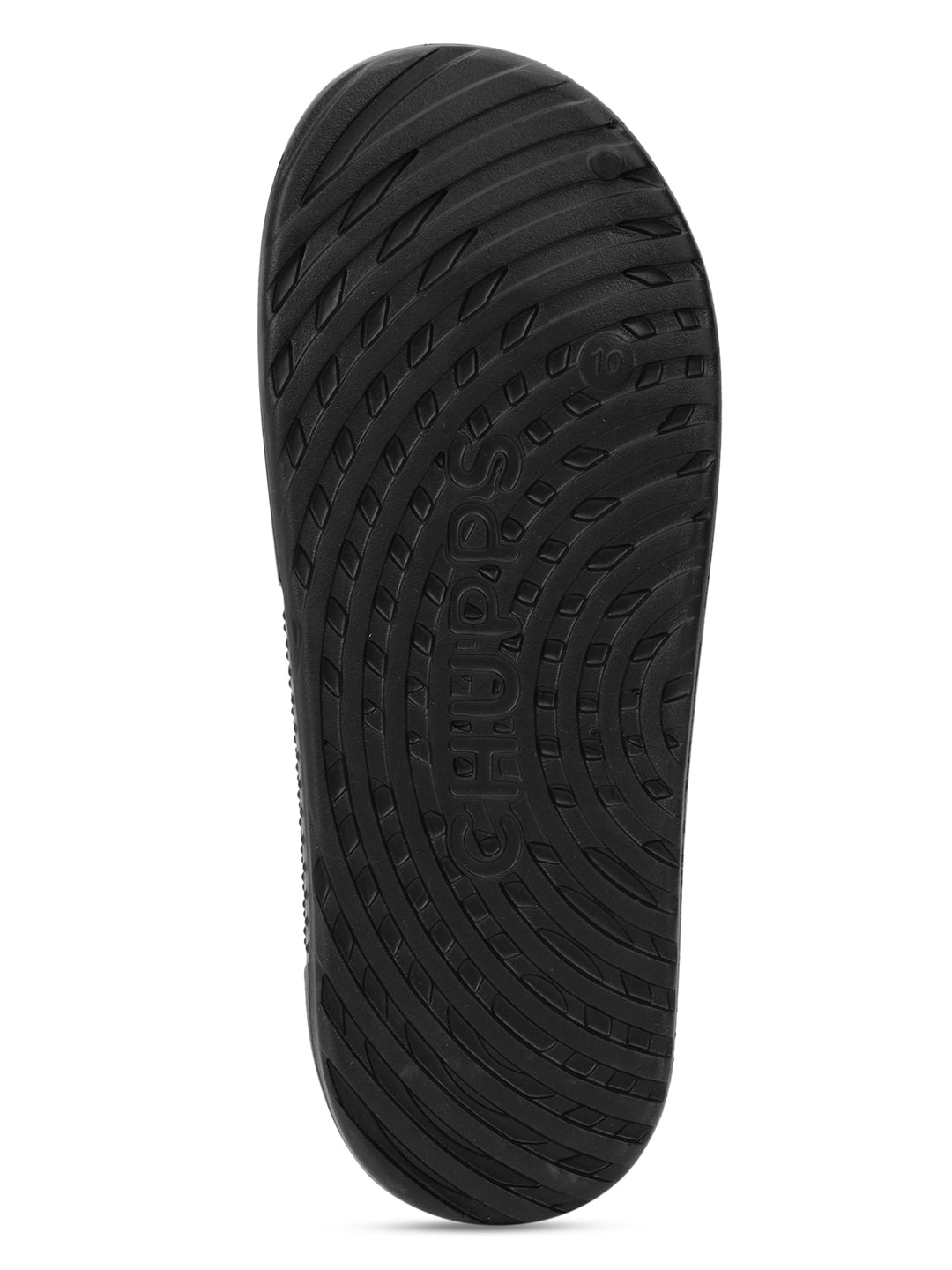 Black rubber sole of a chupster with &#39;CHUPPS&#39; branding on a white background