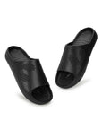Close-up and tilted image  of men’s black chupster  resting in the deep footbed for everyday comfort