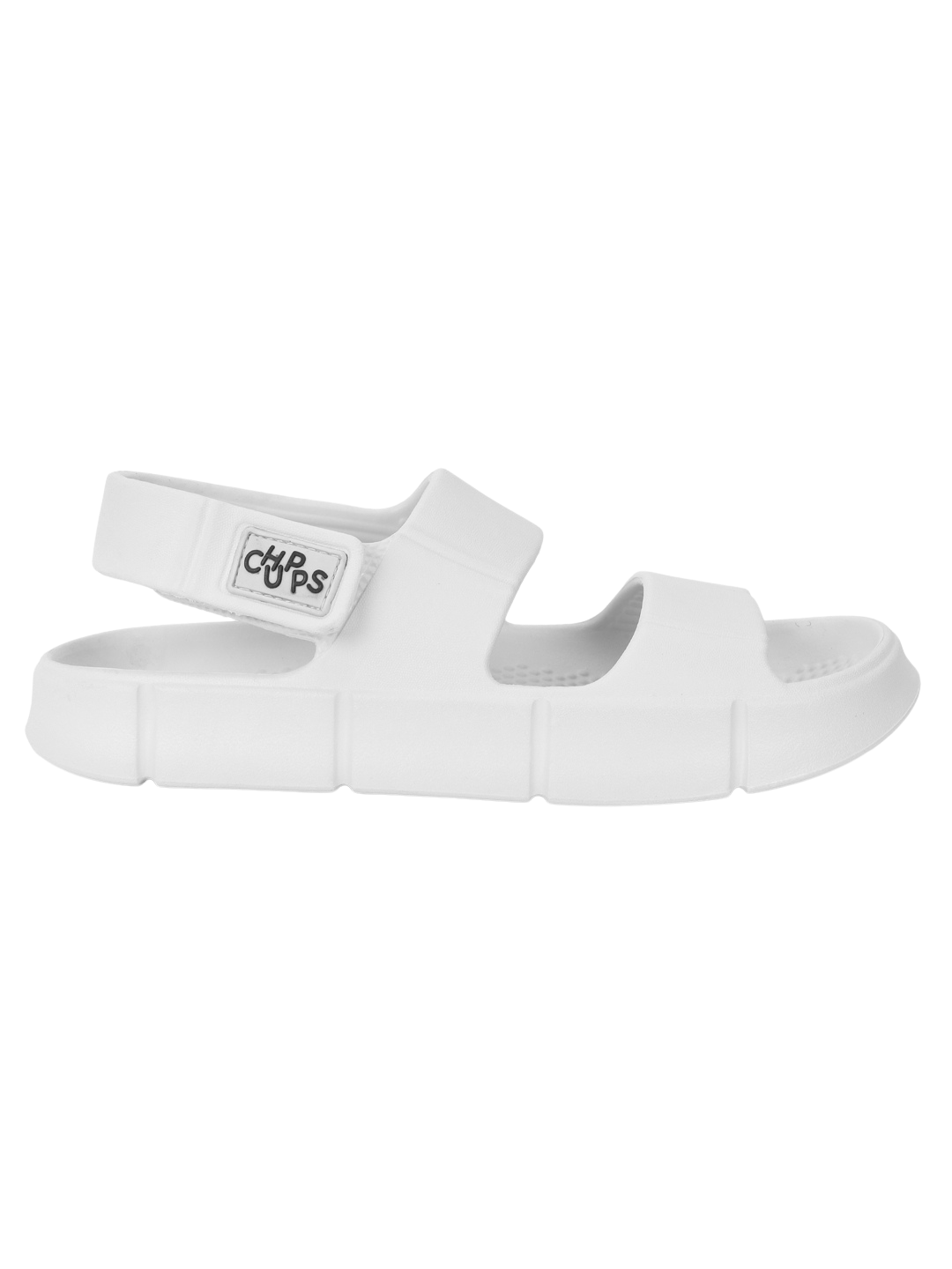 Chunky Sandals_white slide sandals with a visible brand logo on a white background