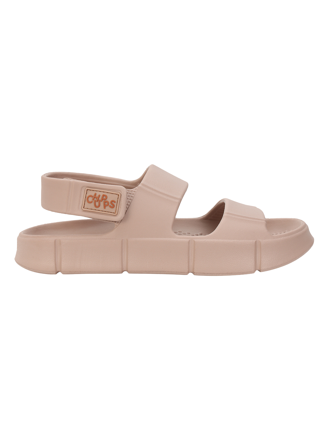 Chunky Sandals_beige sandal with a brand logo on a white background