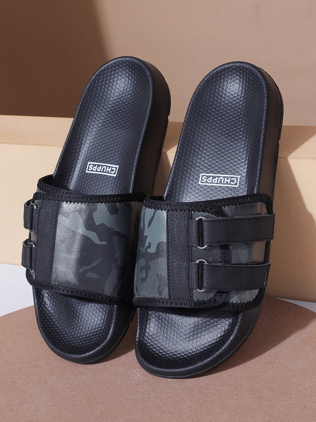 Camo Secure-Fit navy blue camo sliders top view showing ranger print upper.