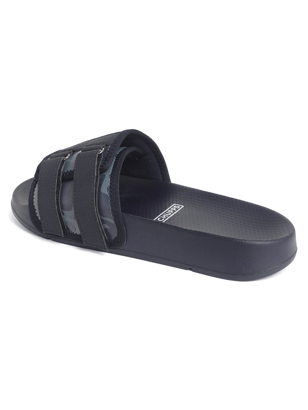 Side view of navy blue camo sliders highlighting gripped footbed and adjustable Velcro strap.