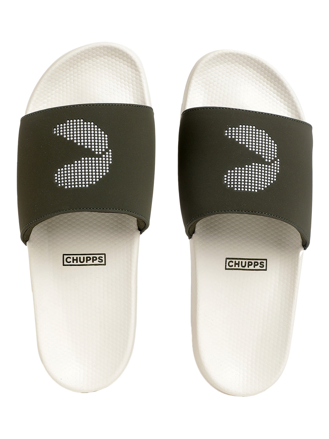 White & olive men's sliders with white sole and logo