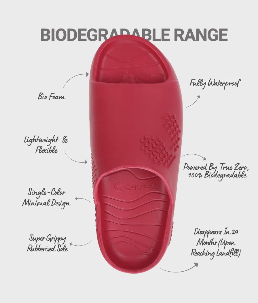 Animated GIF showcasing Chupps biodegradable slide sandals, highlighting eco-friendly materials, lightweight and flexible design, waterproof build, grippy sole, and minimal single-color style.